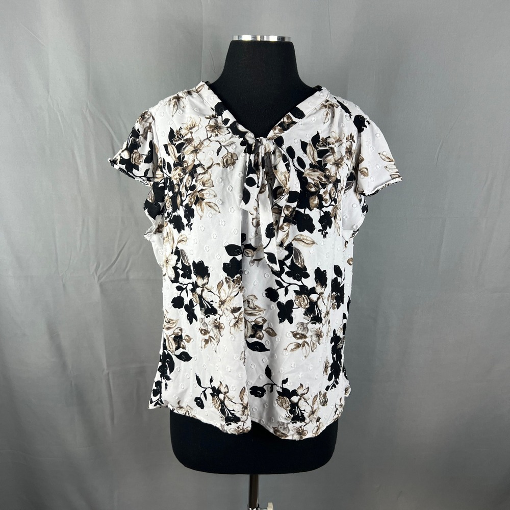 Adrienne Vittadini Blouse Top Womens XL White Floral Knot V Neck Cap Sleeve